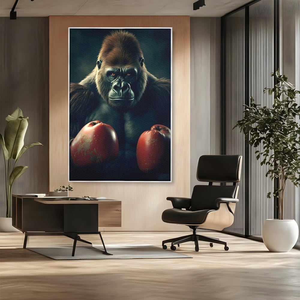 Tablou canvas cu tablou canvas cu gorila boxer, in rama de aluminiu argintiu, pe perete intr-un birou